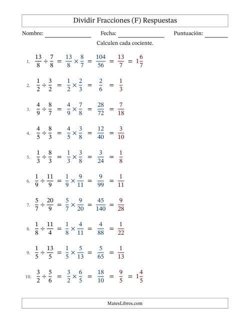 La hoja de ejercicios de Dividir fracciones propias e impropias y con simplificación en todas (Rellenable) (F) Página 2