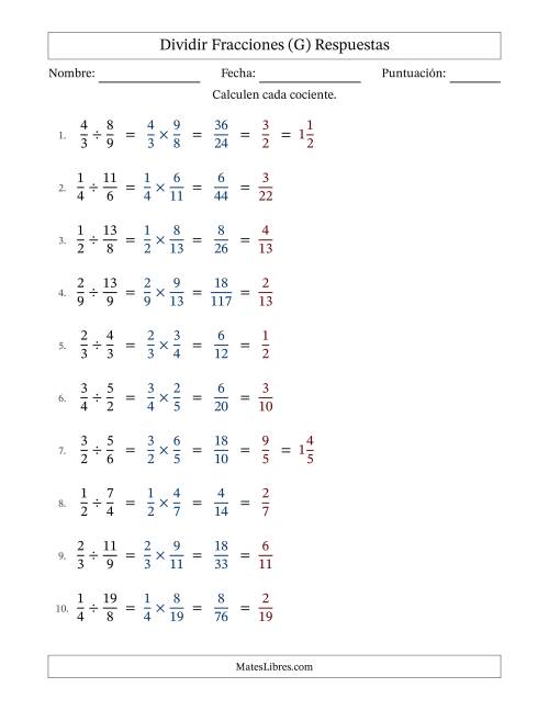 La hoja de ejercicios de Dividir fracciones propias e impropias y con simplificación en todas (Rellenable) (G) Página 2