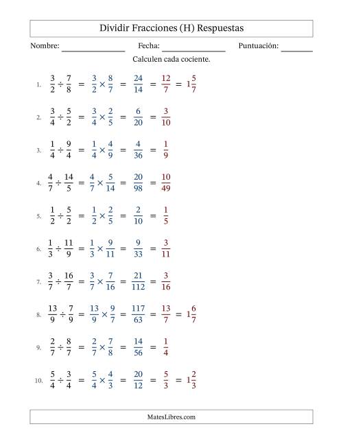 La hoja de ejercicios de Dividir fracciones propias e impropias y con simplificación en todas (Rellenable) (H) Página 2