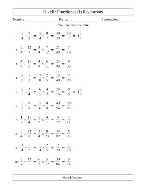 La hoja de ejercicios de Dividir fracciones propias e impropias y con simplificación en todas (Rellenable) (I) Página 2