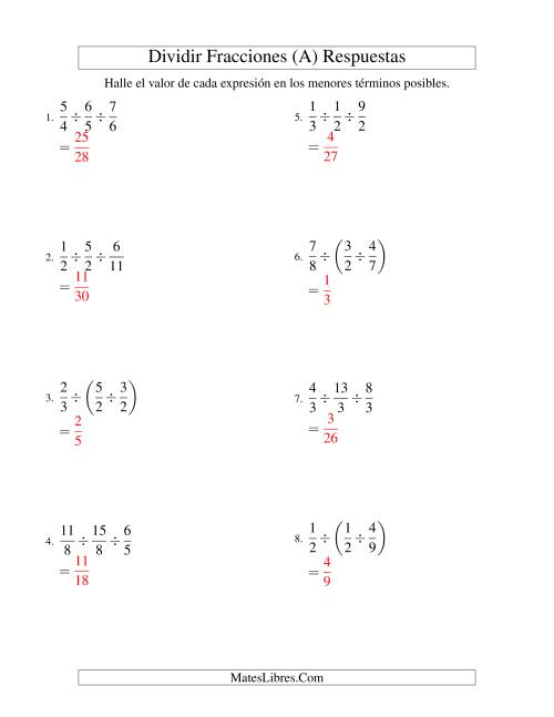 La hoja de ejercicios de Dividir y Simplificar Tres Fracciones Impropias (A) Página 2