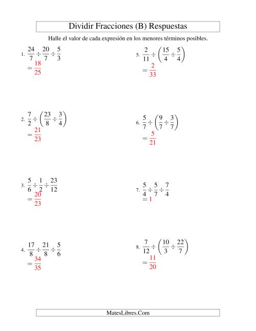 La hoja de ejercicios de Dividir y Simplificar Tres Fracciones Impropias (B) Página 2