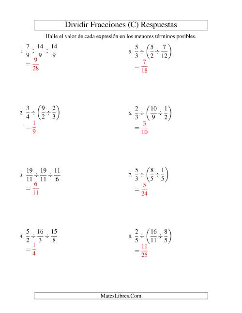 La hoja de ejercicios de Dividir y Simplificar Tres Fracciones Impropias (C) Página 2