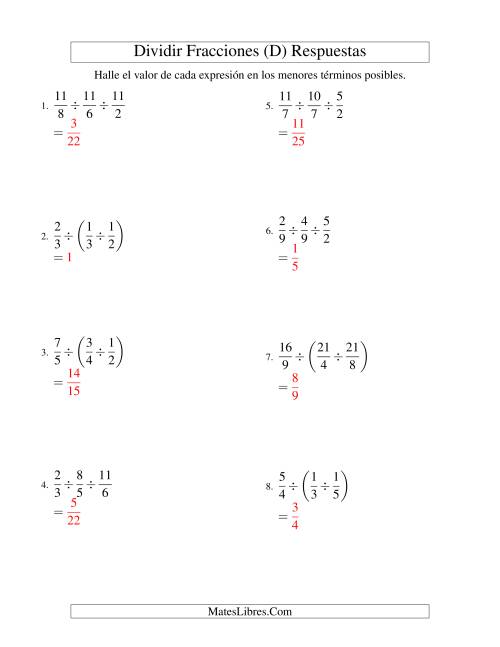 La hoja de ejercicios de Dividir y Simplificar Tres Fracciones Impropias (D) Página 2