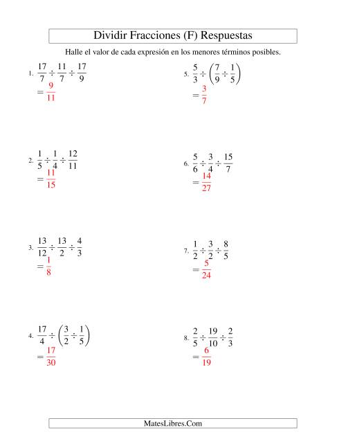 La hoja de ejercicios de Dividir y Simplificar Tres Fracciones Impropias (F) Página 2