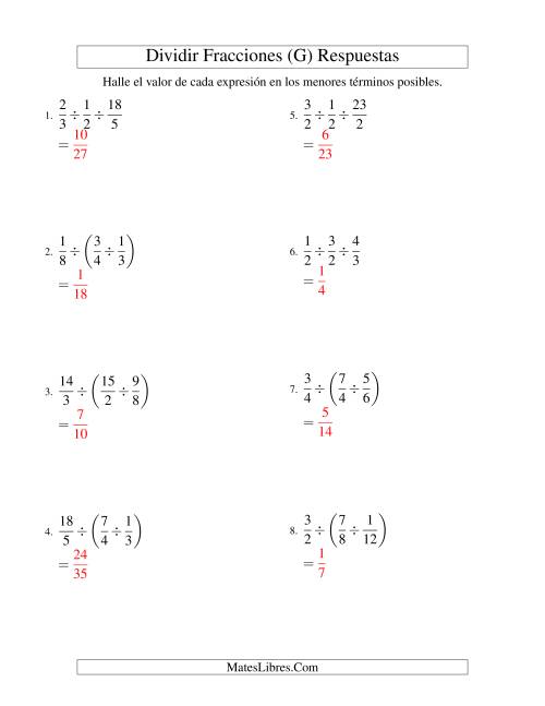 La hoja de ejercicios de Dividir y Simplificar Tres Fracciones Impropias (G) Página 2