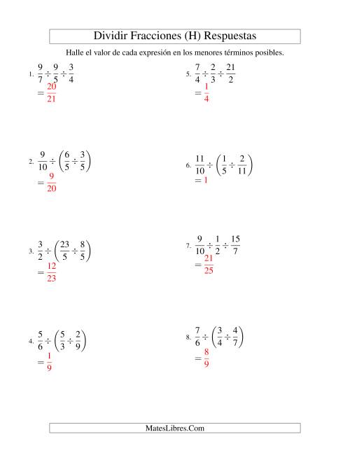 La hoja de ejercicios de Dividir y Simplificar Tres Fracciones Impropias (H) Página 2