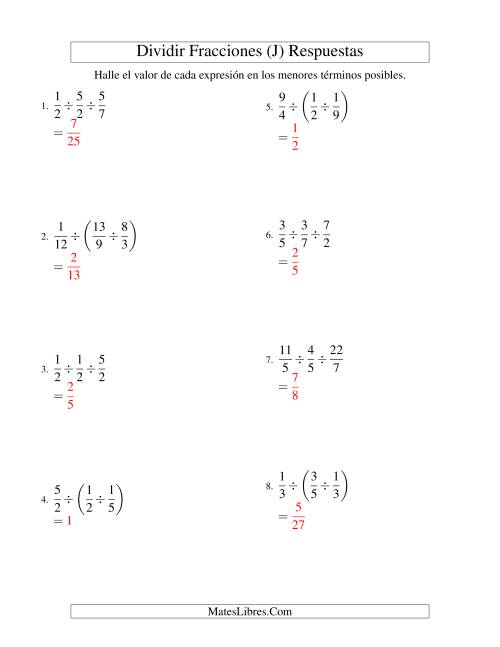 La hoja de ejercicios de Dividir y Simplificar Tres Fracciones Impropias (J) Página 2