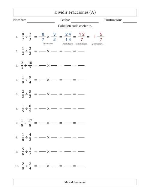 La hoja de ejercicios de Dividir fracciones propias e impropias y con simplificación en todas (Rellenable) (Todas)