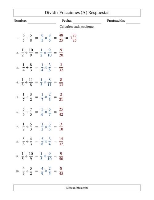La hoja de ejercicios de Dividir fracciones propias e impropias y sin simplificación (Rellenable) (Todas) Página 2