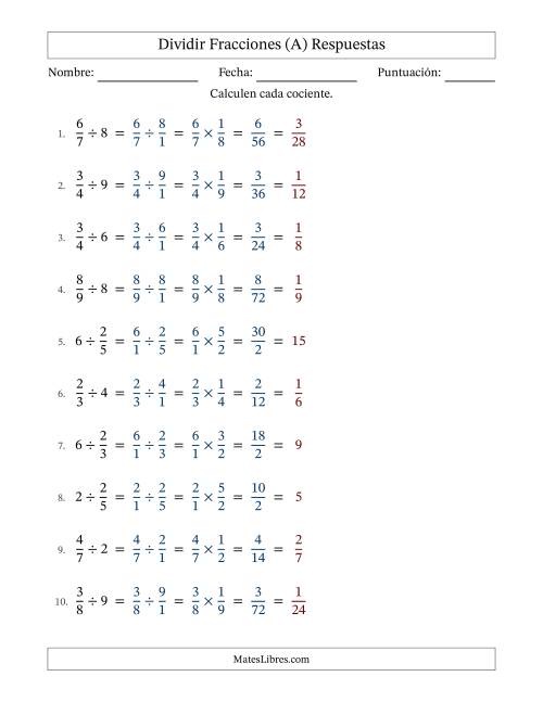 La hoja de ejercicios de Dividir Fracciones con Algunos Números Enteros (A) Página 2