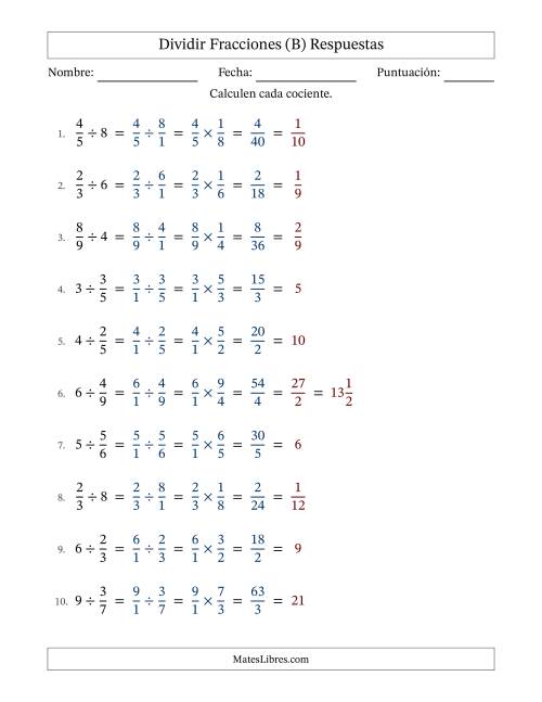 La hoja de ejercicios de Dividir fracciones propias con números enteros y con simplificación en todas (Rellenable) (B) Página 2
