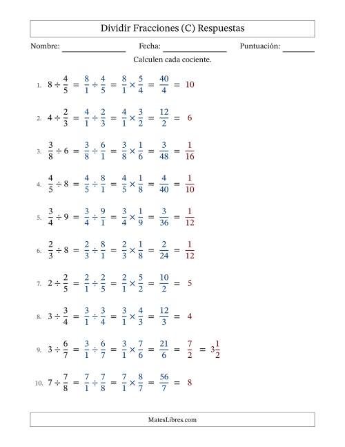 La hoja de ejercicios de Dividir fracciones propias con números enteros y con simplificación en todas (Rellenable) (C) Página 2