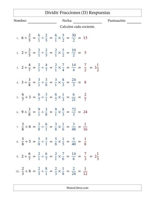 La hoja de ejercicios de Dividir fracciones propias con números enteros y con simplificación en todas (Rellenable) (D) Página 2