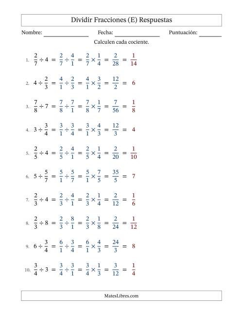 La hoja de ejercicios de Dividir fracciones propias con números enteros y con simplificación en todas (Rellenable) (E) Página 2