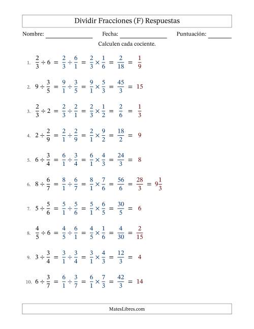 La hoja de ejercicios de Dividir fracciones propias con números enteros y con simplificación en todas (Rellenable) (F) Página 2