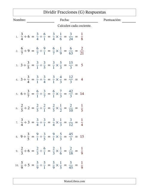 La hoja de ejercicios de Dividir fracciones propias con números enteros y con simplificación en todas (Rellenable) (G) Página 2