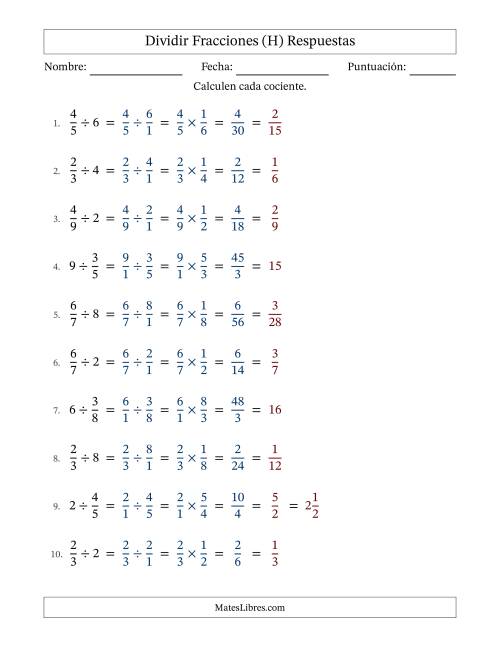 La hoja de ejercicios de Dividir fracciones propias con números enteros y con simplificación en todas (Rellenable) (H) Página 2