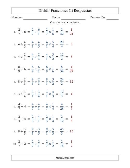 La hoja de ejercicios de Dividir fracciones propias con números enteros y con simplificación en todas (Rellenable) (I) Página 2