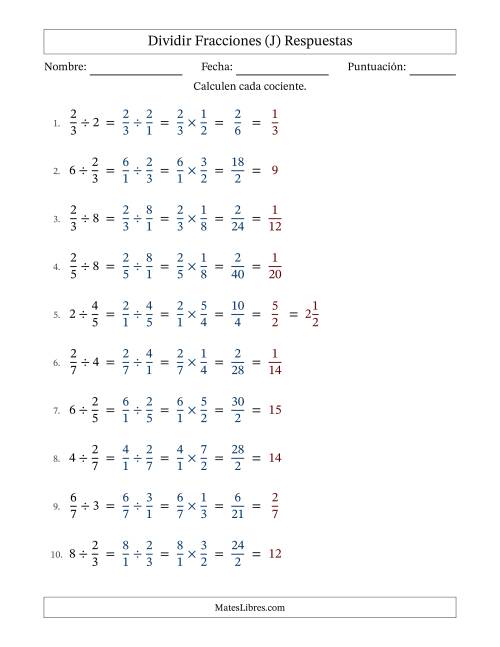 La hoja de ejercicios de Dividir fracciones propias con números enteros y con simplificación en todas (Rellenable) (J) Página 2