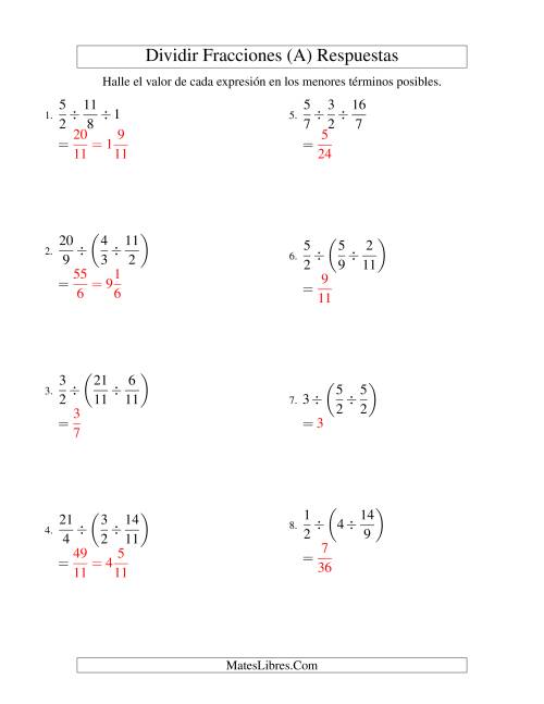La hoja de ejercicios de Dividir Tres Fracciones con Algunos Números Enteros (A) Página 2