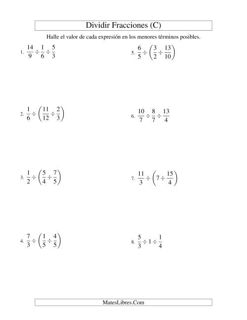 La hoja de ejercicios de Dividir Tres Fracciones con Algunos Números Enteros (C)