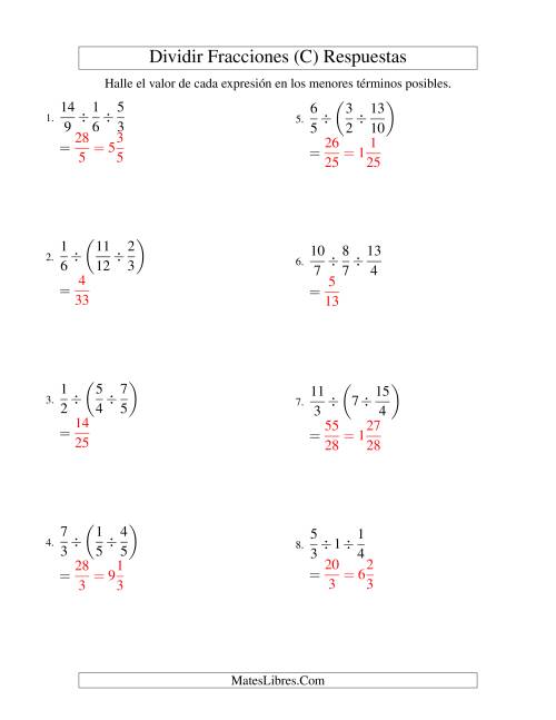 La hoja de ejercicios de Dividir Tres Fracciones con Algunos Números Enteros (C) Página 2
