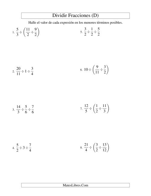 La hoja de ejercicios de Dividir Tres Fracciones con Algunos Números Enteros (D)