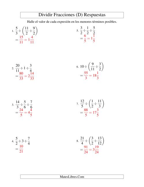 La hoja de ejercicios de Dividir Tres Fracciones con Algunos Números Enteros (D) Página 2