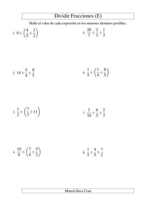 La hoja de ejercicios de Dividir Tres Fracciones con Algunos Números Enteros (E)