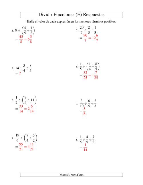 La hoja de ejercicios de Dividir Tres Fracciones con Algunos Números Enteros (E) Página 2