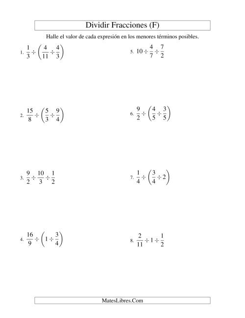 La hoja de ejercicios de Dividir Tres Fracciones con Algunos Números Enteros (F)