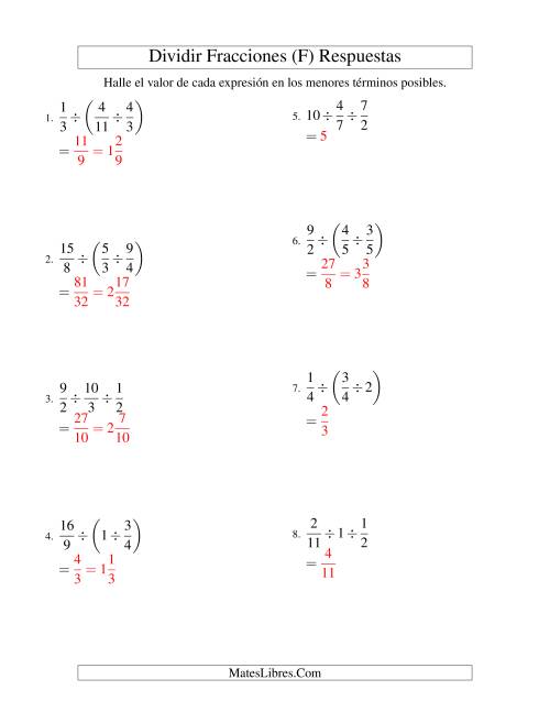 La hoja de ejercicios de Dividir Tres Fracciones con Algunos Números Enteros (F) Página 2