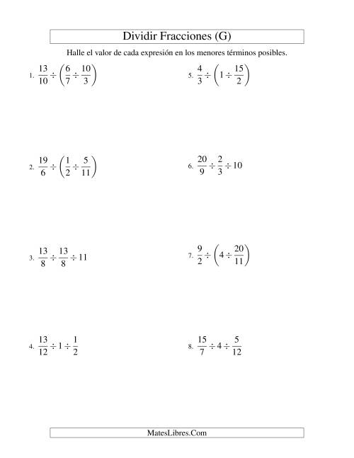 La hoja de ejercicios de Dividir Tres Fracciones con Algunos Números Enteros (G)