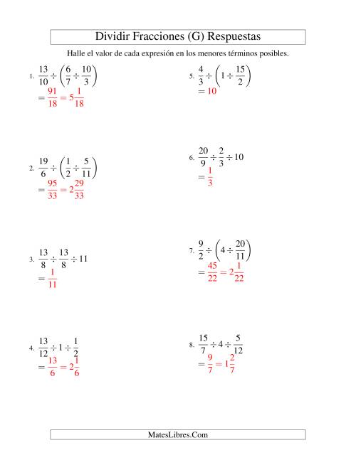 La hoja de ejercicios de Dividir Tres Fracciones con Algunos Números Enteros (G) Página 2