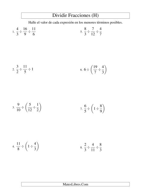 La hoja de ejercicios de Dividir Tres Fracciones con Algunos Números Enteros (H)