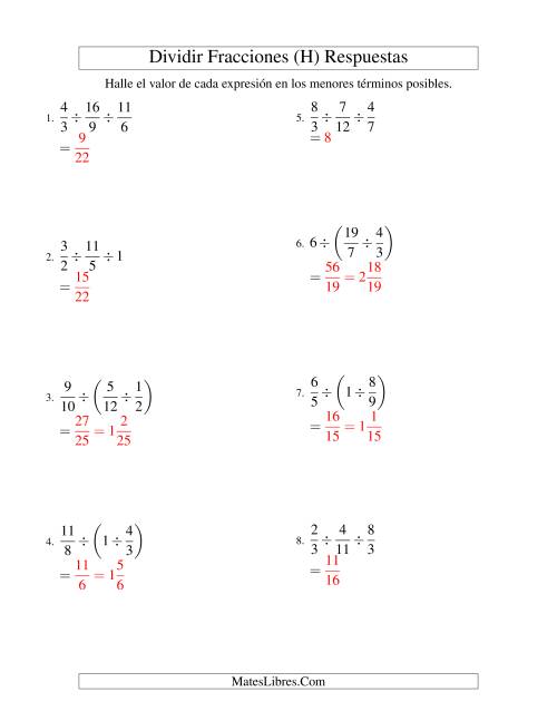 La hoja de ejercicios de Dividir Tres Fracciones con Algunos Números Enteros (H) Página 2