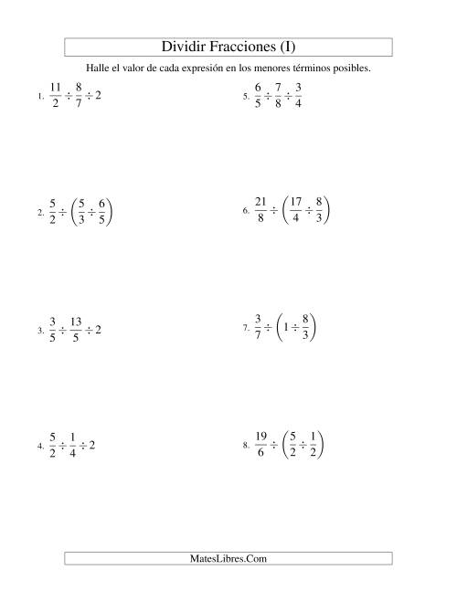 La hoja de ejercicios de Dividir Tres Fracciones con Algunos Números Enteros (I)
