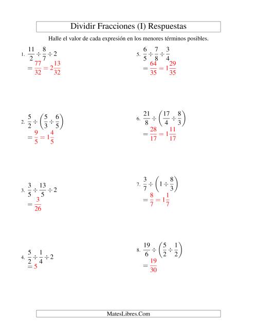 La hoja de ejercicios de Dividir Tres Fracciones con Algunos Números Enteros (I) Página 2