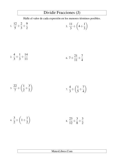 La hoja de ejercicios de Dividir Tres Fracciones con Algunos Números Enteros (J)