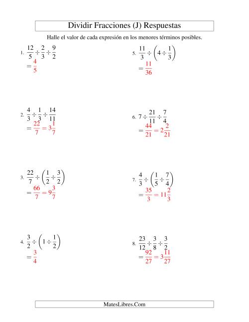 La hoja de ejercicios de Dividir Tres Fracciones con Algunos Números Enteros (J) Página 2