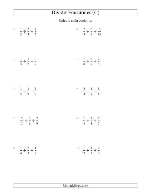 La hoja de ejercicios de Dividir Tres Fracciones Propias y (C)