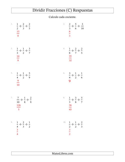 La hoja de ejercicios de Dividir Tres Fracciones Propias y (C) Página 2