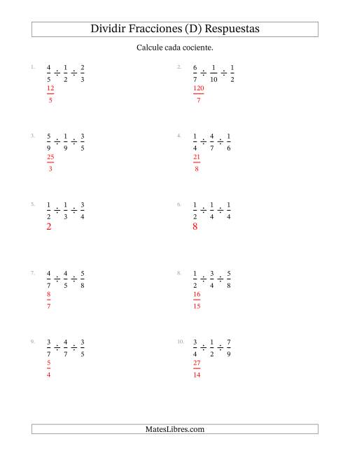 La hoja de ejercicios de Dividir Tres Fracciones Propias y (D) Página 2