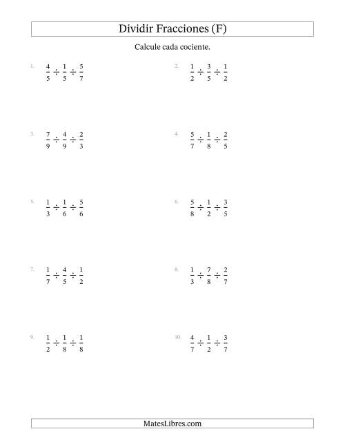 La hoja de ejercicios de Dividir Tres Fracciones Propias y (F)