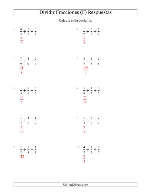 La hoja de ejercicios de Dividir Tres Fracciones Propias y (F) Página 2