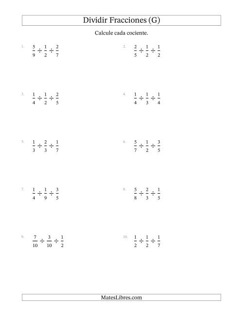 La hoja de ejercicios de Dividir Tres Fracciones Propias y (G)