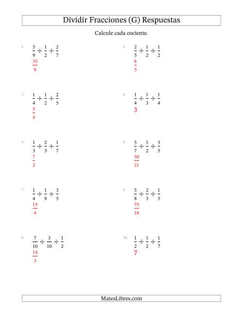 La hoja de ejercicios de Dividir Tres Fracciones Propias y (G) Página 2