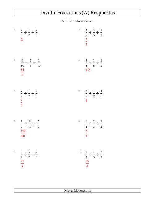 La hoja de ejercicios de Dividir Tres Fracciones Propias y (Todas) Página 2