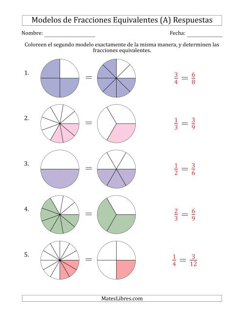 La hoja de ejercicios de Modelos de Fracciones Equivalentes (Fracción Simplificada en Cualquier Posición) (A) Página 2